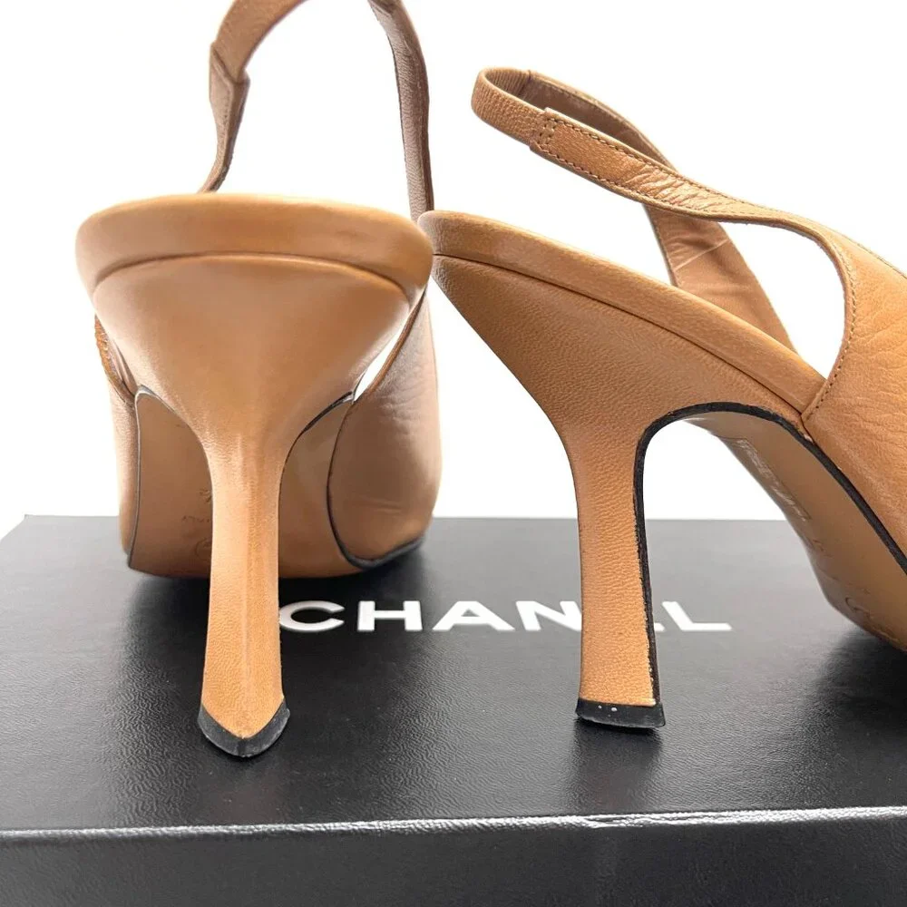 Rare! Auc CHANEL Two tone Flowers Slingback Heels IT 7,5 US 7,5
